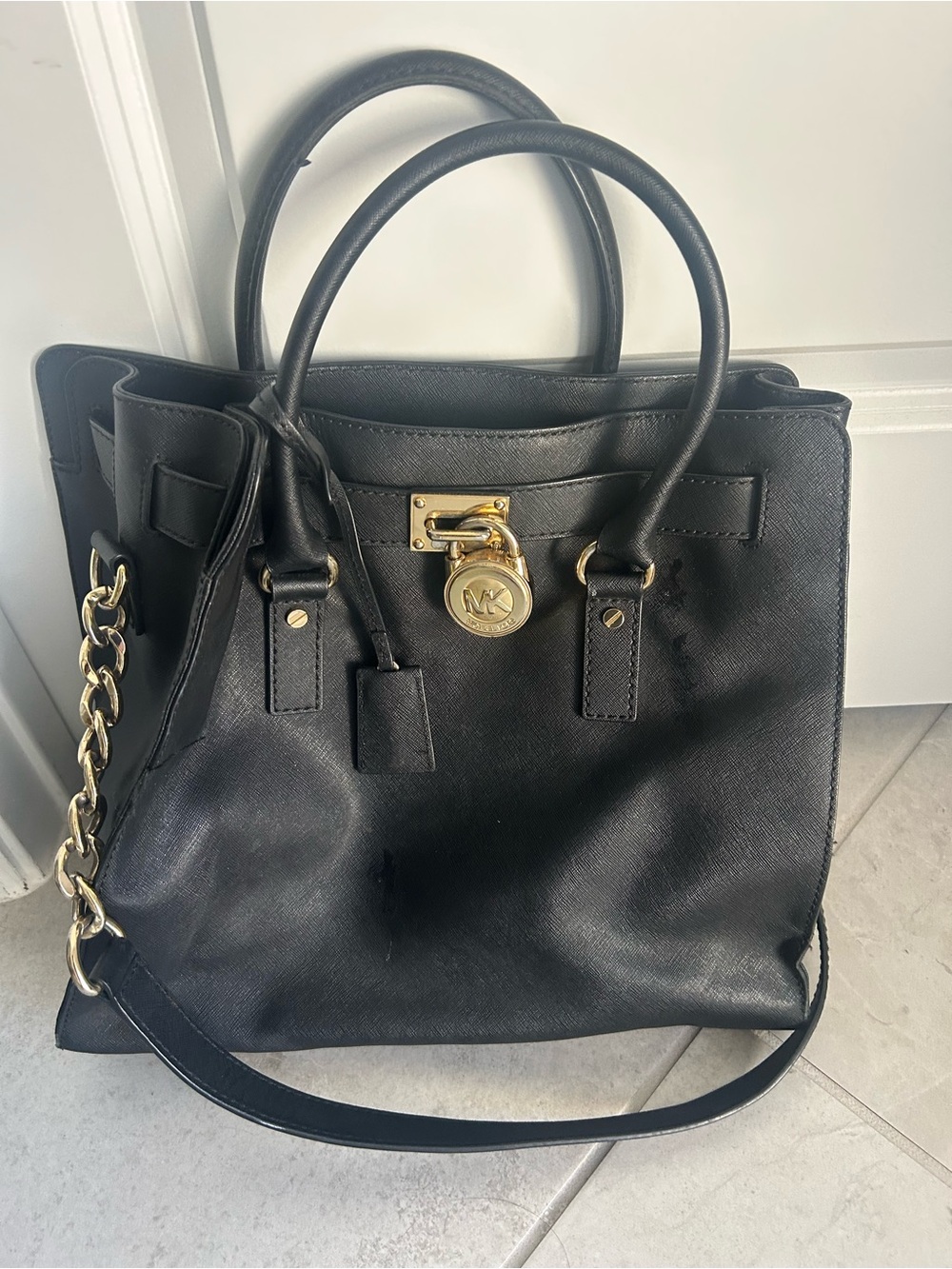 Michael Kors Black Saffiano Satchel with Gold Hardware